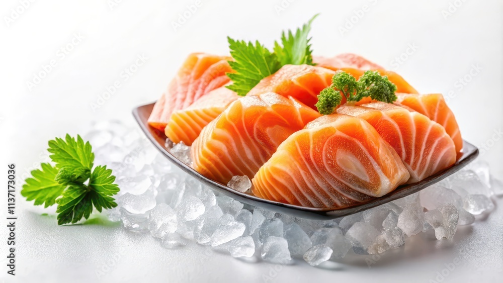 Fresh salmon sashimi on a white background, salmon, sashimi, raw fish, Japanese cuisine, traditional, seafood