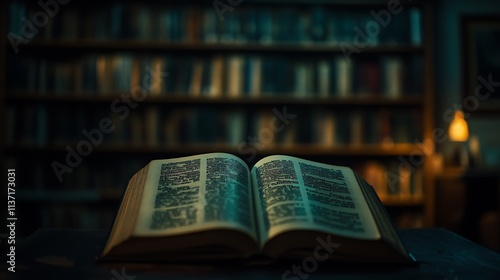 Open ancient book in a dimly lit library