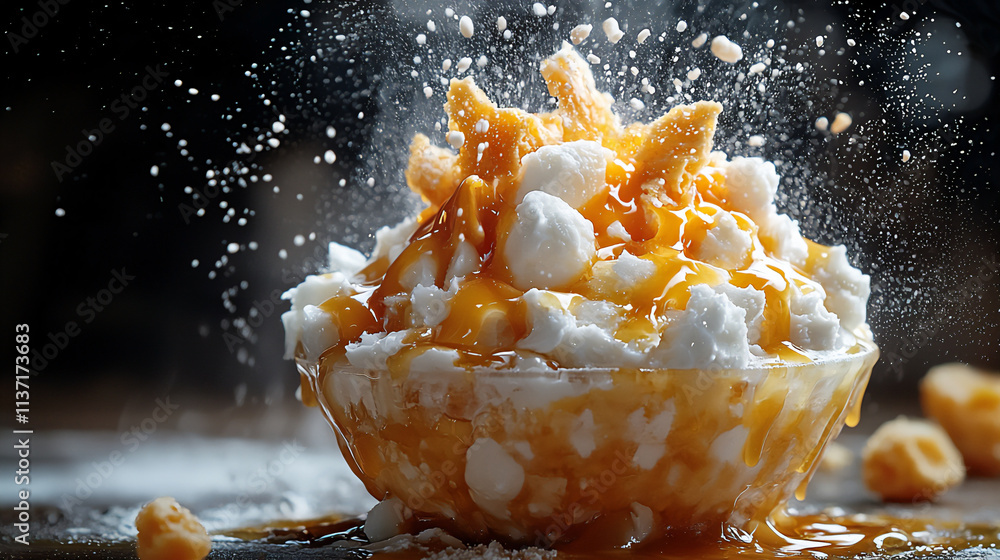 A drizzle of condensed milk falling onto bing A drizzle of condensed milk falling onto bing