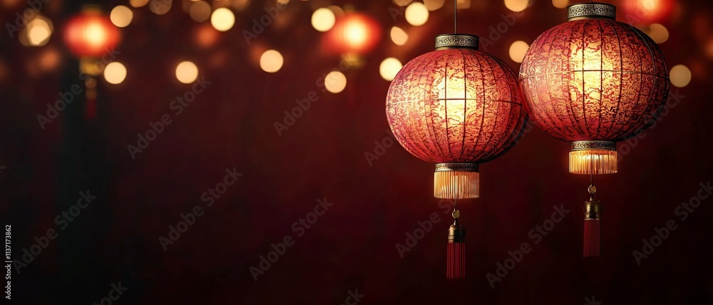 Obraz premium Serene and inviting red lanterns illuminated by fairy lights against a burgundy wall, ideal for Chinese New Year celebrations and festive decorations.