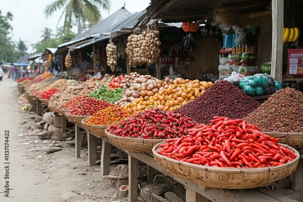 Fototapeta premium Vibrant Spices and Produce at a Bustling Asian Market