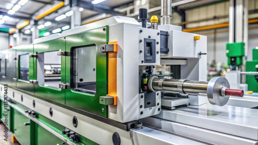 Close-up view of a press form on an injection molding machine, manufacturing, industrial, machinery, production Close-up view of a press form on an injection molding machine, manufacturing, industrial, machinery, production