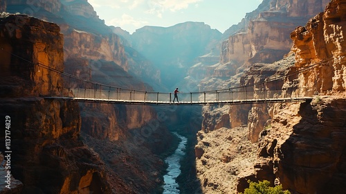 Person Walking Suspension Bridge Grand Canyon