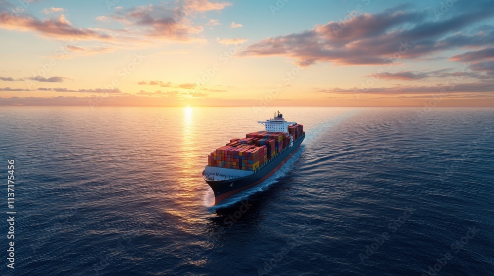 Container Ship Navigating Calm Ocean Waters at Sunset with Vibrant Sky and Glimmering Waves Container Ship Navigating Calm Ocean Waters at Sunset with Vibrant Sky and Glimmering Waves