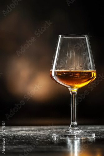 Elegant glass of amber liquid on a sleek table against a dark background