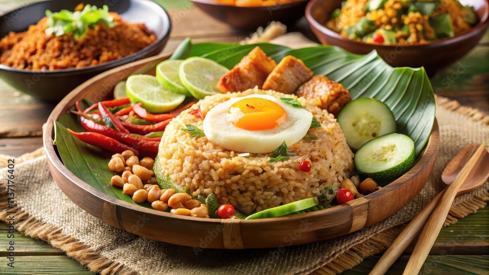 Close up of Nasi Goreng Spesial with egg, satay Close up of Nasi Goreng Spesial with egg, satay