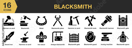 Blacksmith solid icon set. Includes anvil, craft, hammer, forge, craftsman, horseshoe, and More. Solid icons vector collection.