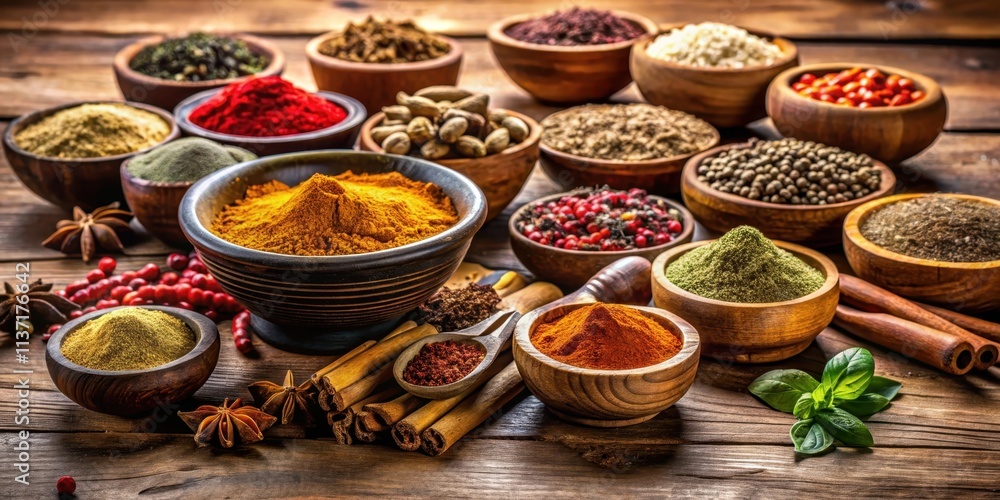 Assorted spices in wooden bowls on a rustic table , spices, wooden bowls, rustic, table, cooking, ingredients, seasoning Assorted spices in wooden bowls on a rustic table , spices, wooden bowls, rustic, table, cooking, ingredients, seasoning