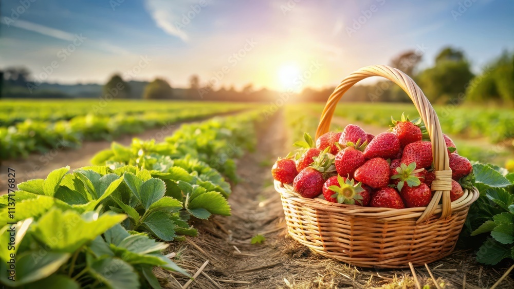 Strawberry picking in a sunny field, Fruit, farming, agriculture, summer, harvest, fresh, organic, red, ripe, sweet, delicious Strawberry picking in a sunny field, Fruit, farming, agriculture, summer, harvest, fresh, organic, red, ripe, sweet, delicious