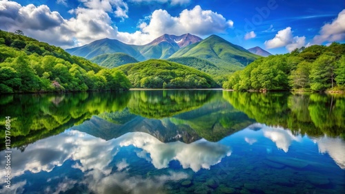 Beautiful image of the Shiretoko Five Lakes with stunning reflections of the surrounding mountains and lush greenery photo