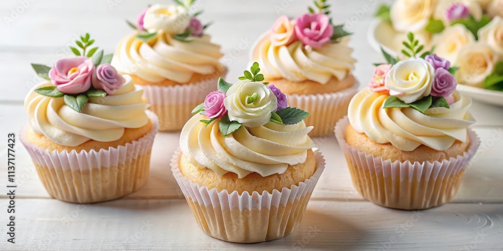 Elegant vanilla cupcakes decorated with delicate floral designs , vanilla cupcakes, elegant, floral decorations, beautiful Elegant vanilla cupcakes decorated with delicate floral designs , vanilla cupcakes, elegant, floral decorations, beautiful