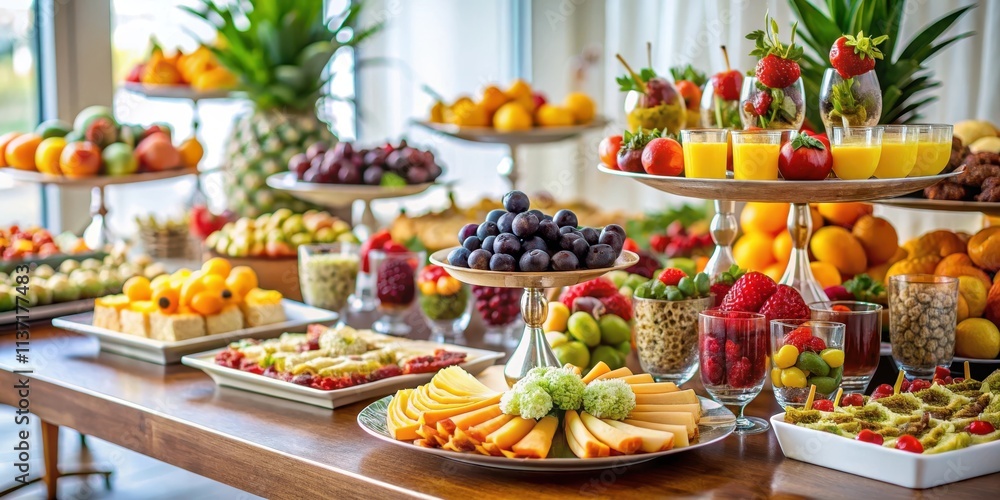 Assorted fruits and snacks displayed on a stylish buffet table at an elegant event, buffet, fruits, snacks, stylish, table Assorted fruits and snacks displayed on a stylish buffet table at an elegant event, buffet, fruits, snacks, stylish, table