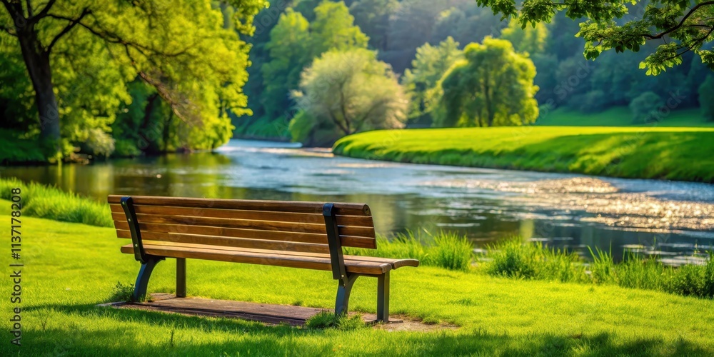 Bench on green grass with lush trees and river flow silent in background, bench, green grass, lush trees, river, silent Bench on green grass with lush trees and river flow silent in background, bench, green grass, lush trees, river, silent