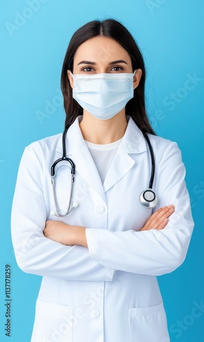 Young Woman Doctor with Stethoscope and Face Mask on Blue Background Ready for Medical Examination