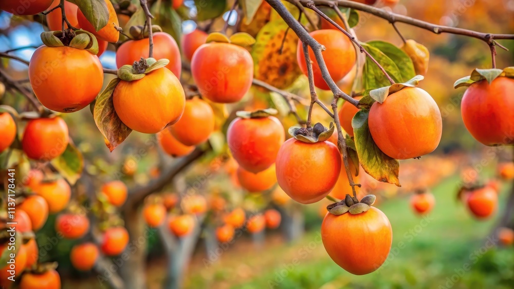 Ripe persimmons ready to be picked in a fall orchard, persimmons, autumn, harvest, fruit, delicious, sweet, ripe, seasonal, orange Ripe persimmons ready to be picked in a fall orchard, persimmons, autumn, harvest, fruit, delicious, sweet, ripe, seasonal, orange