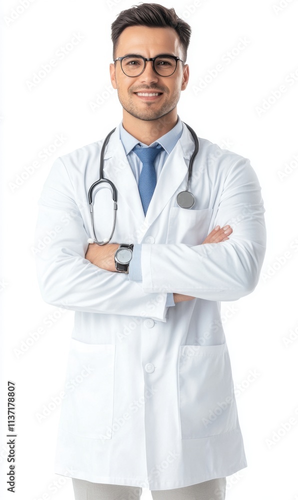 Confident male doctor in white coat with stethoscope smiling and standing against a plain white background Confident male doctor in white coat with stethoscope smiling and standing against a plain white background