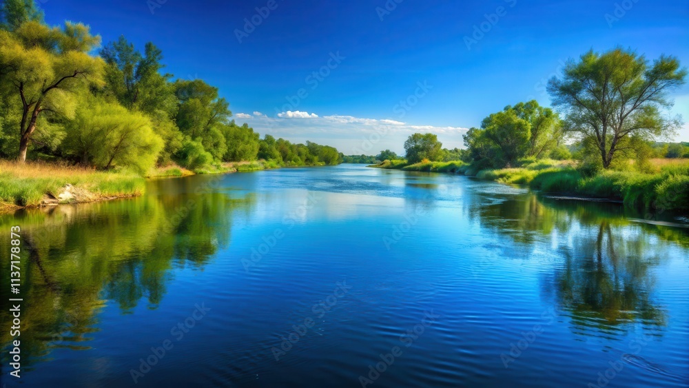 Peaceful landscape with a flowing river and clear blue sky , nature, scenic, outdoors, calm, tranquil, serene, peaceful, water Peaceful landscape with a flowing river and clear blue sky , nature, scenic, outdoors, calm, tranquil, serene, peaceful, water