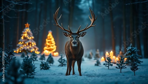 Majestic Deer in Enchanting Winter Forest with Christmas Lights photo