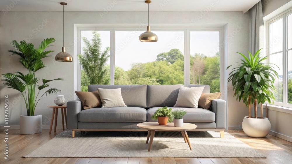 Interior of light living room with grey sofas, window and houseplant, light living room, grey sofas, window Interior of light living room with grey sofas, window and houseplant, light living room, grey sofas, window