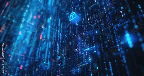 A digital representation of cybersecurity with glowing locks and data streams.