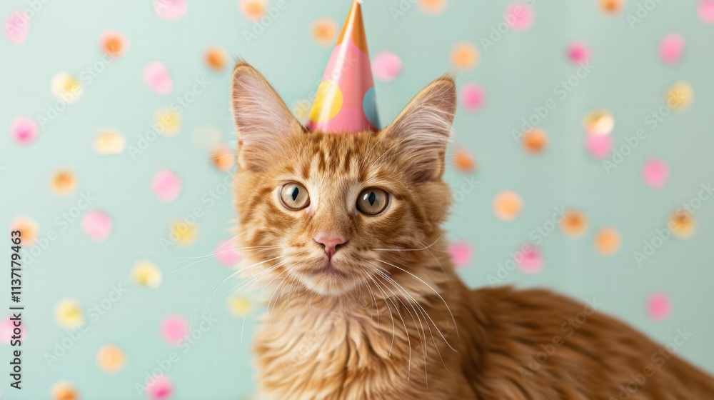 Festive cat wearing a party hat against a colorful backdrop. Festive cat wearing a party hat against a colorful backdrop.