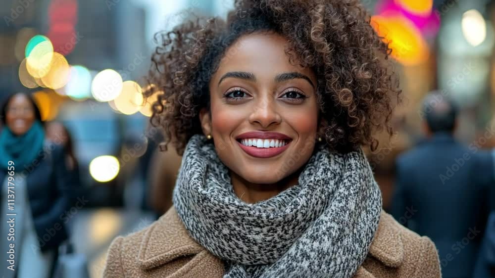 Confident Woman in City: Portrait of a smiling woman with curly hair, wearing a warm scarf and coat, standing confidently amidst a blurred city backdrop. Confident Woman in City: Portrait of a smiling woman with curly hair, wearing a warm scarf and coat, standing confidently amidst a blurred city backdrop.