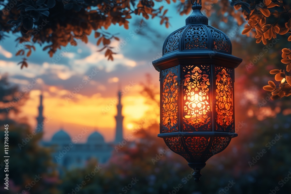 Eid Mubarak and Ramadan Kareem greetings with an Islamic lantern, mosque, and Eid al-Fitr background with a moon and clouds Eid Mubarak and Ramadan Kareem greetings with an Islamic lantern, mosque, and Eid al-Fitr background with a moon and clouds