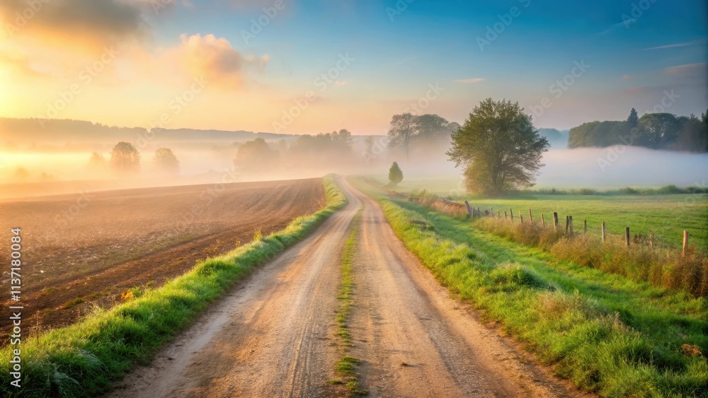 Misty agricultural landscape with dirt road , farm, foggy, rural, countryside, fields, agriculture, mist, scenic, tranquil Misty agricultural landscape with dirt road , farm, foggy, rural, countryside, fields, agriculture, mist, scenic, tranquil