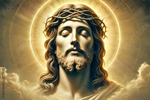 High detail hyper realistic closed up image of jesus christ with peaceful facial expression