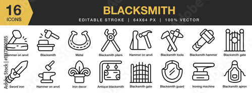 Blacksmith icon set. Editable Stroke Icon Collection. Includes blacksmith, equipment, metal, steel, anvil, and More. Outline icons vector collection.