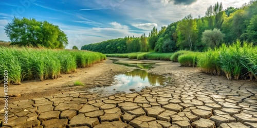 Dry riverbed with cracked soil and remnant puddles in hot summer, surrounded by green forest and reed thickets photo