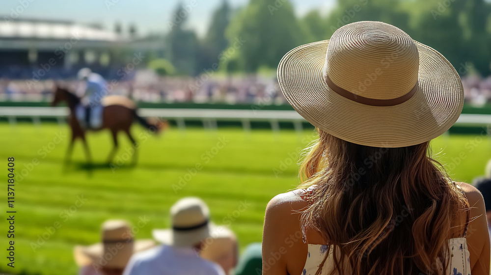 Fototapeta premium Woman in wide-brimmed hat watching horse race at equestrian event. Outdoor photography with green field and crowd in background. Horse racing and summer leisure concept for banners and posters