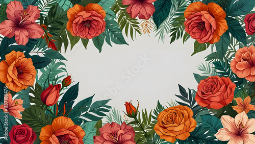 A vibrant floral frame with tropical flowers and leaves.