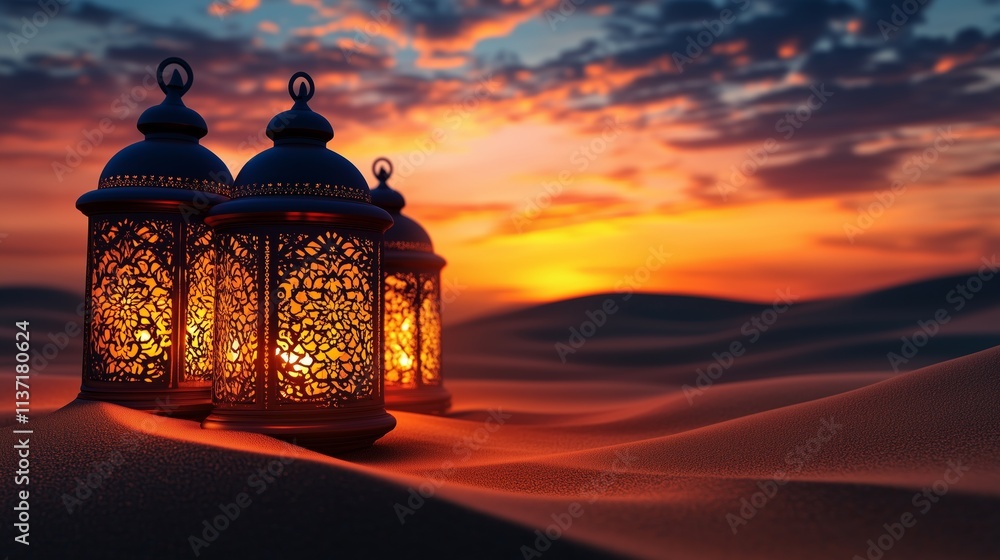 Eid Mubarak and Ramadan Kareem greetings with an Islamic lantern, mosque, and Eid al-Fitr background with a moon and clouds Eid Mubarak and Ramadan Kareem greetings with an Islamic lantern, mosque, and Eid al-Fitr background with a moon and clouds