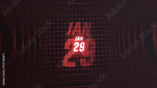 29 January. Calendar with number and month in neon red with grid background. 4k.  photo