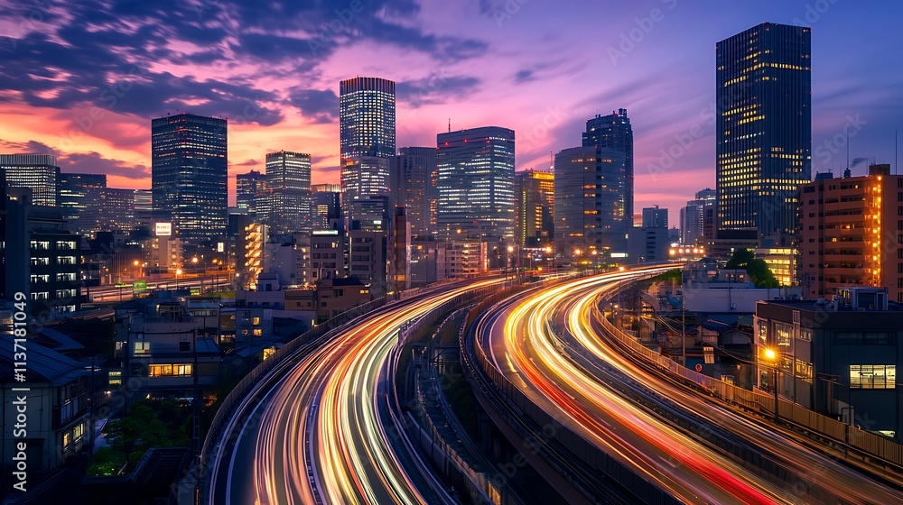 Cityscape at Dusk Showing Light Trails on Elevated Highway Cityscape at Dusk Showing Light Trails on Elevated Highway