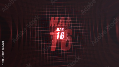 16 March. Calendar with number and month in neon red with grid background. 4k.  photo