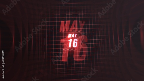 16 May. Calendar with number and month in neon red with grid background. 4k.  photo