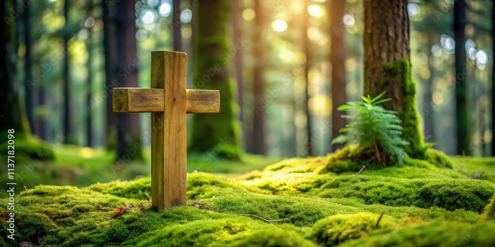 Forest burial site featuring a wooden cross surrounded by moss, creating a serene and natural funeral backdrop , forest, burial Forest burial site featuring a wooden cross surrounded by moss, creating a serene and natural funeral backdrop , forest, burial