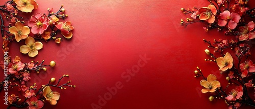 A vibrant floral arrangement on a warm red background, ideal for Chinese New Year celebrations, festive invitations, or decor elements. Ample copy space included.