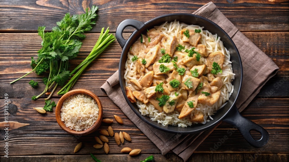 Top view of chicken strogonoff, rice, parsley, and potato straw in pan, food, chicken, strogonoff, rice, parsley, potato straw Top view of chicken strogonoff, rice, parsley, and potato straw in pan, food, chicken, strogonoff, rice, parsley, potato straw