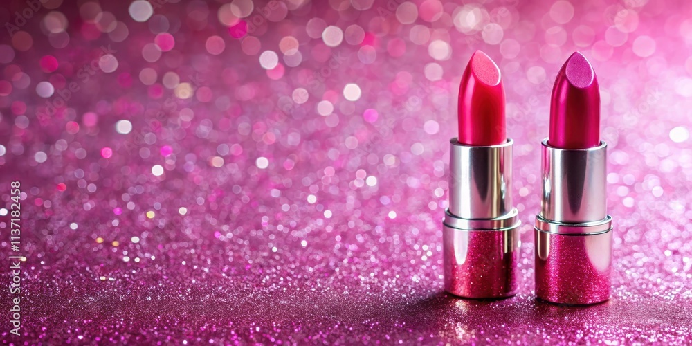 Two lipsticks on a pink glitter background for beauty promotion, lipstick, beauty, makeup, cosmetics, pink, glitter