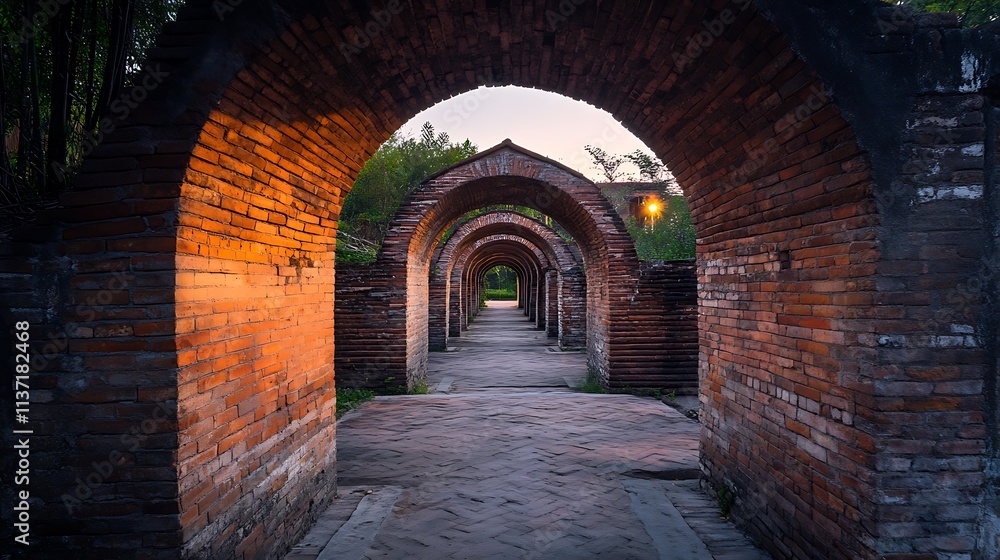 Fototapeta premium Brick Archway Pathway Leading Through Serene Garden