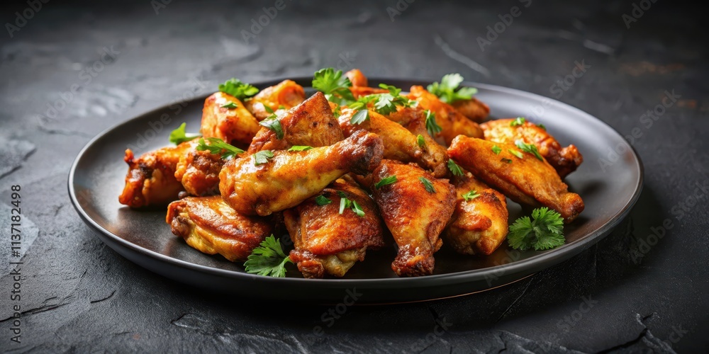 Deliciously cooked chicken wings served on a black plate, chicken, wings, food, dish, plate, appetizer, spicy, crispy, barbecue, tasty Deliciously cooked chicken wings served on a black plate, chicken, wings, food, dish, plate, appetizer, spicy, crispy, barbecue, tasty