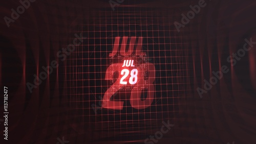 28 July. Calendar with number and month in neon red with grid background. 4k.  photo