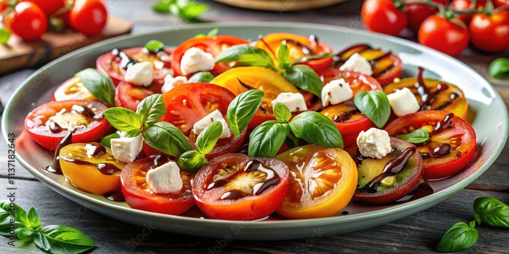 Fresh and colorful modern tomato salad with feta cheese and balsamic glaze , healthy, vibrant, food photography Fresh and colorful modern tomato salad with feta cheese and balsamic glaze , healthy, vibrant, food photography