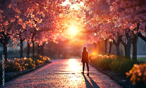 Serene sunset stroll beneath blooming cherry blossoms.