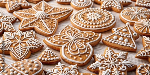 Sugar cookies decorated with gingerbread motifs and intricately piped icing designs, sugar cookies, gingerbread