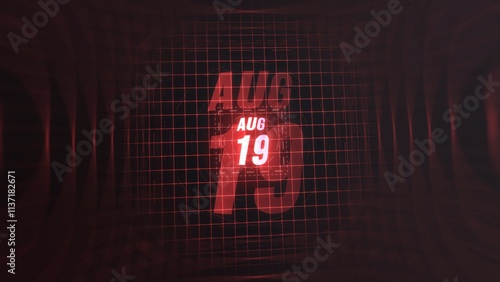 19 August. Calendar with number and month in neon red with grid background. 4k.  photo