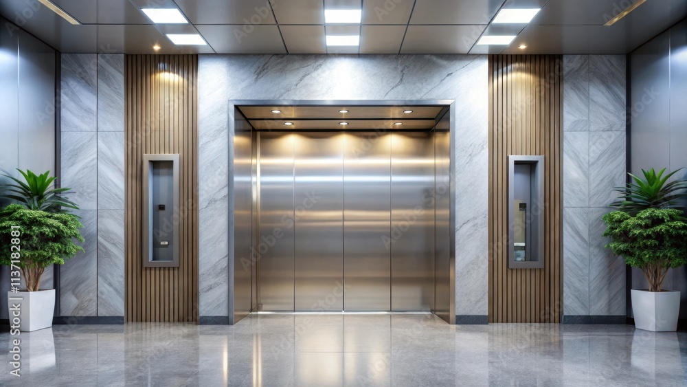 Front view of a modern elevator in a lobby, elevator, modern, lobby, interior, design, architecture, building Front view of a modern elevator in a lobby, elevator, modern, lobby, interior, design, architecture, building